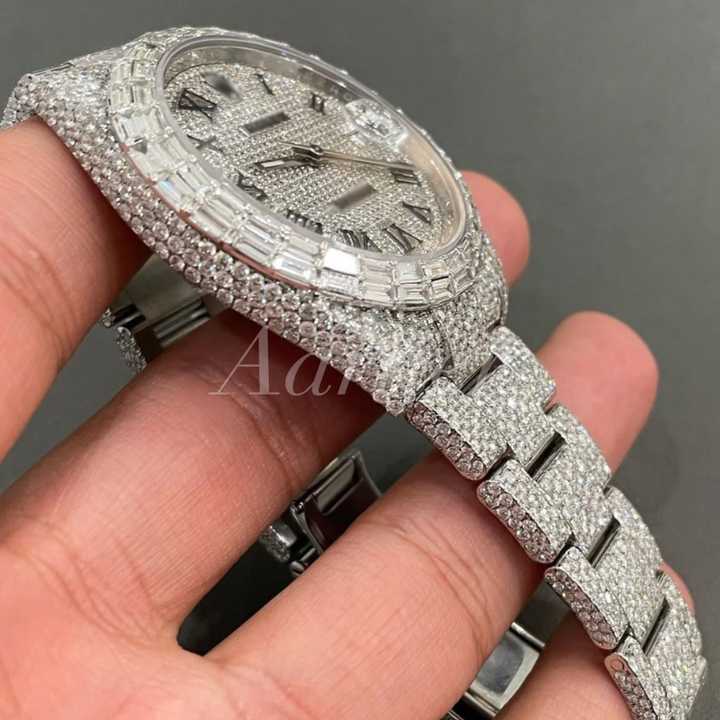 Top-Rated 26 Carats Date Just Moissanite Diamond White Gold iced Unisex Watch Stainless Steel Band 20mm for Special Occasions