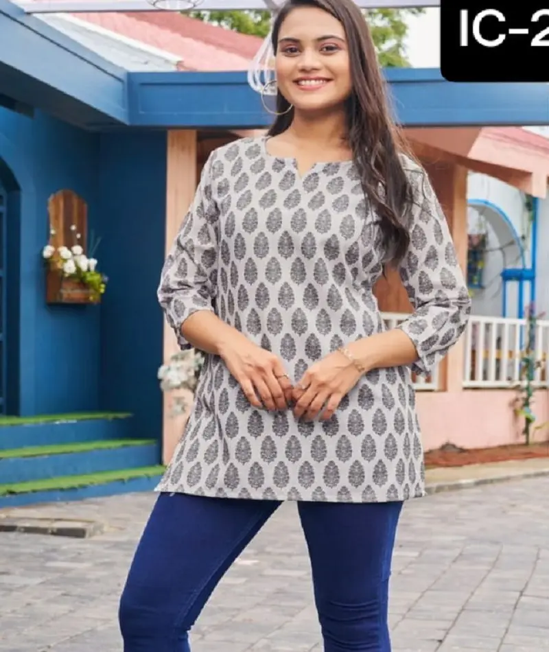 भारतीय आधुनिक शैली पहनने के लिए तैयार कपास मुद्रित शीर्ष नियमित और कार्यालय पहनने के लिए फैंसी लघु कुर्तियां महिलाओं के पहनने के लिए फैंसी शीर्ष
