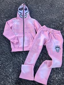 Custom Track Suit Set Hoodie and Flared Sweatpants Sets Jogger Sweatsuit <b>Applique</b> Embroidery Patch Men Distressed Tracksuits - Product Image 6