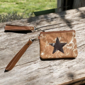 Bolso de mano de cuero de vaca genuino con patrón de estrella para mujer, bolsa pequeña para teléfono móvil, ranura para monedas y correa para la muñeca, conjunto de billetera - Product Image 1