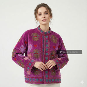 Vintage Ethnic Style Women's <b>Velvet</b> Knitted Cotton Varsity Jacket Hand Embroidered Floral Heart Pattern <b>Quilted</b> Eco-Friendly - Product Image 1