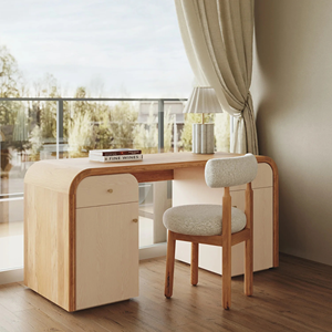 Modern Curved <b>Solid</b> <b>Wood</b> Office <b>Desk</b> with Storage Cabinets Minimalist Writing Table for Home Office Study Room Furniture - Product Image 2