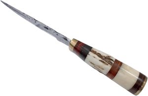 Couteau de camping et de chasse en plein air en acier damas fabriqué à la main OEM pris en charge avec corne de cerf et gaine en cuir d'os de chameau - Product Image 4