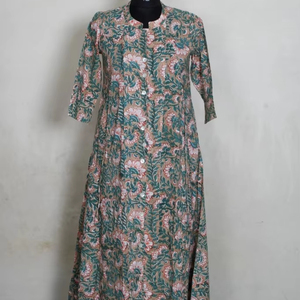 Main bloc imprimé asymétrique robe d'été manches longues 100% coton Floral confortable tenue décontracté pour les mariages saint valentin - Product Image 1