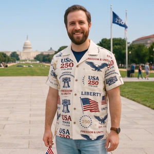 เสื้อเชิ้ตคัมป์คอลลาร์พิมพ์ลายดีไซน์เนอร์ US Freedom Liberty Unity ฉลองครบรอบ 250 ปีสหรัฐอเมริกา สำหรับผู้ชาย - Product Image 4