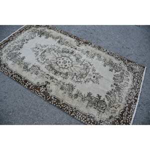 Tapis traditionnel en laine marron beige 3.8x6.8 pieds fait à la main Design patchwork turc pour entrée couloir salon utiliser Latex - Product Image 2