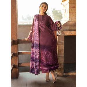 Ensemble de costume Dhanak brodé 3 pièces pour femmes BIN ILYAS avec châle imprimé Courtrai et pantalon Dhanak - BIC-4123 - Product Image 3