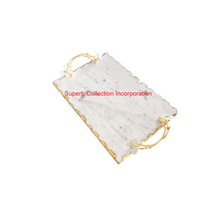 Great Quality White Marble Serving Tray With Elegant Gold Leaf Brass Handles Handcrafted Decorative Platter For Home Decor - Product Image 6