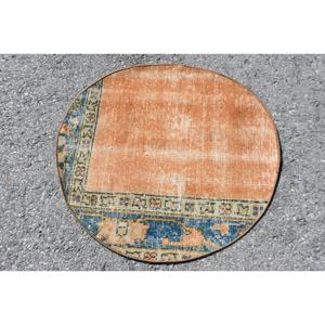 พรมตุรกีขนาด 2.2x2.3 ฟุต สีน้ำตาล-น้ำเงินลายจุด ทำจากขนสัตว์ วินเทจ - Product Image 1