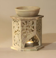 Brûleur d'encens indien en pierre savonneuse fait main avec sculpture florale, diffuseur d'huiles aromatiques écologique, utilisation toute saison