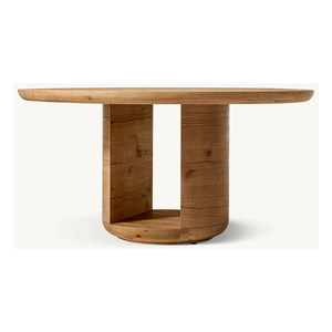 Table à manger ronde en teck avec base cylindrique fendue, plateau en bois massif, design moderne pour la maison, l'hôtel, la villa et l'utilisation dans les restaurants - Product Image 5