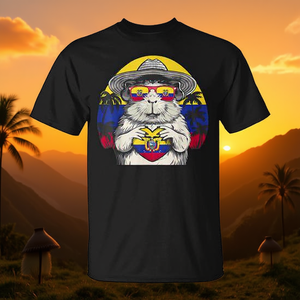 T-shirt con bandiera ecuadoriana e tramonto, con porcellino d'India, per uso promozionale - Product Image 3