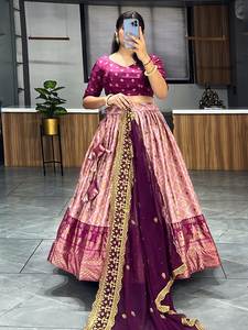 Ensemble Lehnga entièrement cousu avec duppta et chemisier en feuille de soie Tussar - Product Image 6