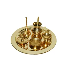 Luxurious Brass Pooja Thali Set Handmade Hand Crafted Puja Thali Set Traditional For Pooja Arti Hindu Religious Item