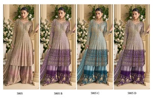 Designer exquis véritable Georgette Palazzo costume complet cousu taille libre Salwar Kameez avec travail de broderie lourd pour les fêtes - Product Image 5