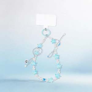 Breloque de téléphone en perles bleues et nacrées avec nœud argenté et accents en cristal - Pack de 24 pièces en gros - Product Image 1