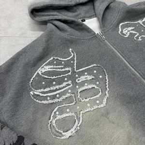 Décoration perlée délavée Streetwear ourlet brut bord coupé ensemble soleil fondu lourd Baggy Joggers hommes survêtement coton survêtement - Product Image 3