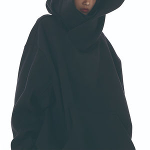 Sudadera con Capucha para Mujer, Informal, Gruesa, de Color Negro Sólido, Holgada, con Bolsillo Tipo Canguro, Cuello Alto - Product Image 2