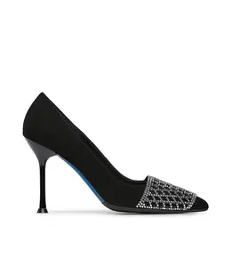 Made in Italy black suede pumps embellished with a decorative crystals band with diamond motif on stiletto heel for wholesale