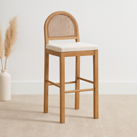 Tabouret de bar rembourré Japandi écologique avec dossier, structure en bois massif, rotin naturel, tabouret de cuisine pour appartement et restaurants