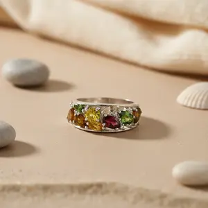 Women's <b>Silver</b> <b>Statement</b> <b>Ring</b> with Multi-Gemstones Geometric Pattern Platinum Fine Jewelry Rhodium Plating Garnet Cut Men's <b>Ring</b> - Product Image 3