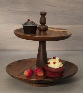 Support à gâteau à 2 niveaux en bois d'acacia artisanal, support à cupcakes rustique en bois, plateau de service à étages pour la décoration de cuisine et de fête de style campagnard - Product Image 2