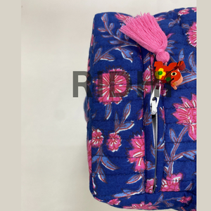 Sac fourre-tout matelassé en coton de luxe bleu avec rose, unique, écologique, fait à la main, pour épicerie, marché, cosmétiques, vente en gros, trousse de toilette - Product Image 5