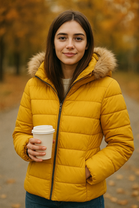 Women's Quilted Puffer <b>Jacket</b> Detachable Faux-Fur Hood, Full Zip & Pockets | Insulated Winter Outerwear, Mustard <b>Yellow</b> - Product Image 5