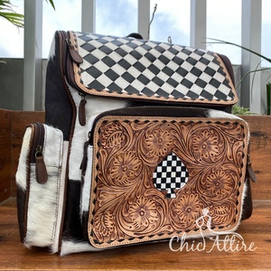 2025 Fashion Brand Hand Tooled <b>Leather</b> Zipper Closure Floral Designer Checkered Backpack for Women & <b>Men</b> Cowhide Travel <b>Bags</b> - Product Image 1