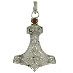 925 Sterling <b>Silver</b> Thor's Hammer Pendant with Garnet Stone Vintage Style Unisex Charm Gift - Product Image 2