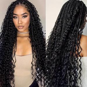 Prix de Gros Perruques en Dentelle HD Complète sans Colle Perruques Synthétiques à Base Carrée avec Baby Hair Ondulation d'Eau Tresses Box Braids pour Femmes - Product Image 5