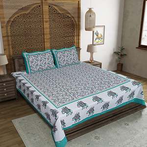 Juego de Sábanas de Algodón Azul con Estampado Jaipuri, 240 Hilos, para Cama Doble, 2 Fundas de Almohada, Ecológicas, 100% Algodón, para el Hogar, 3 Piezas, 6 Piezas - Product Image 1