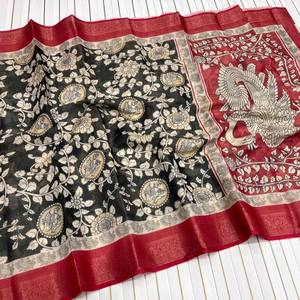 Sari de Seda Pura de Diseño Premium con Estampado Digital Kalamkari de Pavo Real, Tejido Jacquard con Hilo Zari, Hermoso Sari Negro - Product Image 3