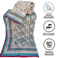 Selimut Katun Ramah Lingkungan Anti Alergi 300tc Cetak Blok India, Selimut Tempat Tidur Tunggal Bolak-Balik Buatan Tangan Motif Bunga