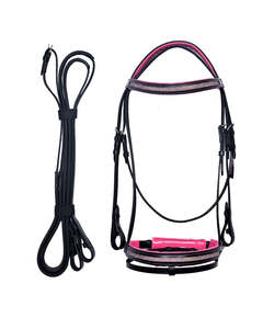 Brida de cuero genuino negro para caballo con frenteal y correa de nariz acolchados en rosa y riendas a juego, conjunto de brida de equitación inglesa ajustable. - Product Image 3