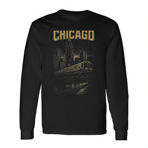T-shirt a maniche lunghe vintage con skyline di Chicago, architettura urbana e ferrovia, abbigliamento promozionale in stile urbano vintage - Product Image 2