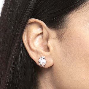 Boucles d'oreilles clous CLARA en argent sterling 925 avec perles véritables, plaquées rhodium et zircone suisse, fermoir à vis, cadeau pour femmes et jeunes filles - Product Image 5
