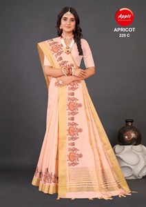 Saree Kadhi en lin d'abricot avec broderie de couleur assortie Travail élégant et léger - Product Image 3