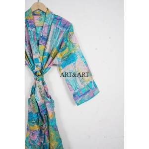 Kimono Occidental Tipo Bata Elegante 100% Seda con Patrones Étnicos Vibrantes, Cinturón en la Cintura, Largo, Decoración de Encaje, Suave e Informal - Product Image 3