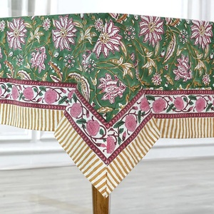 Hunter Green Indian Floral Handmade Block Print Cotton <b>Tablecloth</b> Elegant Dining Table Cover for Farmhouse Home Baby Shower - Product Image 2