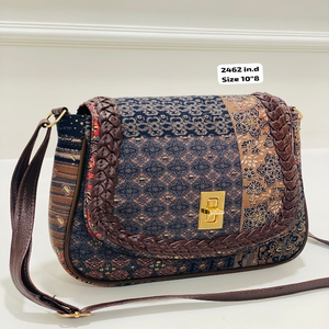 Sac bandoulière moderne en patchwork doux à imprimé ethnique, bordure tressée, fermeture magnétique torsadée, aspect fait main, pour femme - Product Image 1