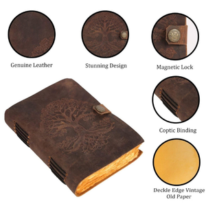Vintage Embossed Leather Journal, Tree of Life Coptic Bound Notebook, Antique Paper Diary with <b>Magnetic</b> <b>Lock</b> - Product Image 2