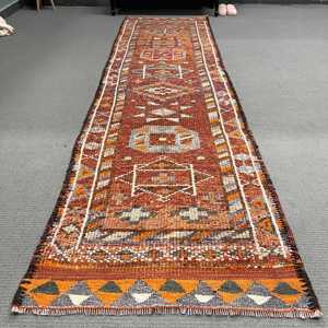 Turkish <b>Runner</b> Rug 2.8x10.7 ft, Vintage Herki <b>Red</b> Ikat Wool Rug - Product Image 2