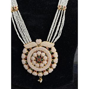 <b>Indian</b> Rajasthani Traditional Chid Moti Pink Green Stone Long Rani Haar <b>Set</b> for Wedding Bridal <b>Jewellery</b> Necklace - Product Image 3