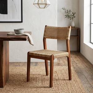 Chaise de salle à manger tressée synthétique avec structure en bois massif, rotin beige, pour extérieur, patio, jardin, sans accoudoirs, design artistique, décoration - Product Image 2