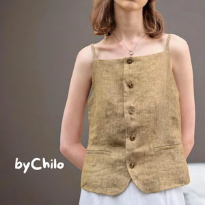 Top de lino elegante ajustado para mujer, camiseta sin mangas informal transpirable de manga corta, atuendo cómodo con botones para fiestas - Product Image 2