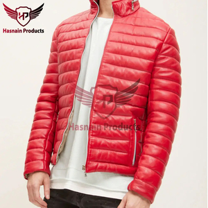 New Arrival Men's Premium Lambskin Leather Puffer Jacket Striking Red High Street Style Luxurious Winter Outerwear <b>Coat</b> - Product Image 3