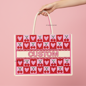 Sac fourre-tout en toile perlé en forme de cœur de cerise fait main de luxe pour la Saint-Valentin Broderie de haute qualité Cadeau pour les femmes Mode Shopping - Product Image 1