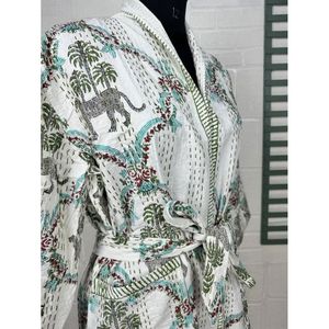 Kimono long en coton Kantha Reine pour femme, veste décontractée d'été, vert pastel, tissu tissé doux Affe Tier - Product Image 5