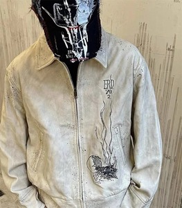 Veste en cuir brodée rétro décontractée pour hommes en noir coupe ample avec poches à col à capuche tissu de laine recouvert de toile - Product Image 6